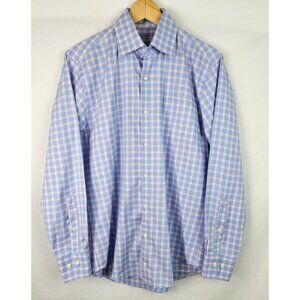 Peter Millar Men's Shirt Size Small Blue Pink Plaid Long Sleeve Button Down Top
